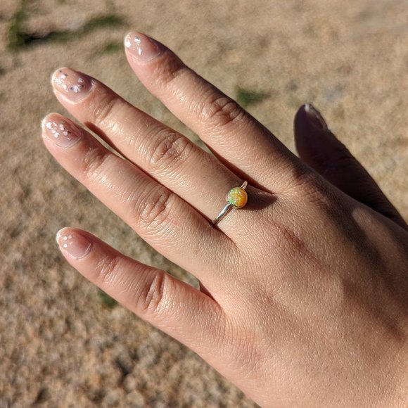 Women's Round Synthetic Opal Handmade Sterling Silver Yellow Ring - Picture 4 of 5